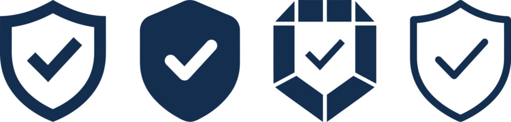 Four navy blue shield icons with white checkmarks representing security and protection on transparent background