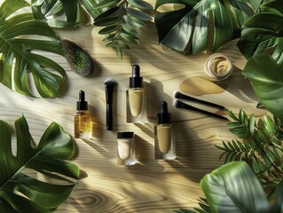 Natural skincare products arranged on a wooden surface with tropical leaves