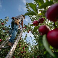 Apple picker climbs ladder in orchard under bright blue sky, harvesting ripe red fruit during sunny afternoon in late summer