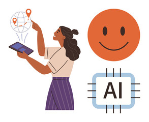 Woman interacts with a tablet, displaying global map with location markers, orange smiling face, and AI chip. Ideal for technology, innovation, AI, communication, global network education simple