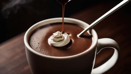 Video A warm cup of hot chocolate topped with fluffy whipped cream and a wooden spoon - Powered by Adobe