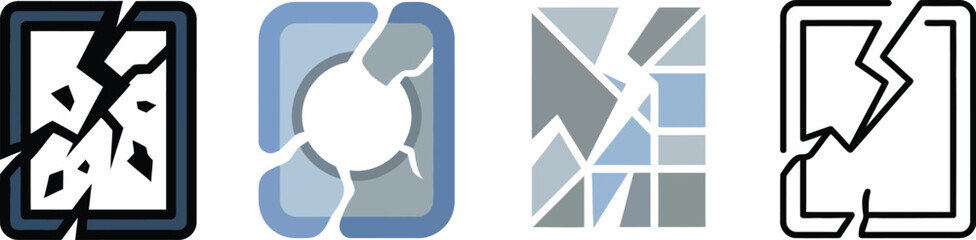 Four variations of a broken square icon showcasing different styles and outlines on transparent background