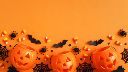 Three pumpkin buckets with candy corn bats and spiders on an orange halloween background flat lay style