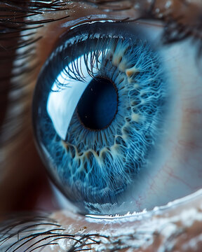 Extreme close up of a vibrant blue human eye with detailed iris and eyelashes blue eye pupil