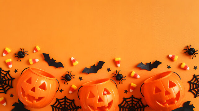 Three pumpkin buckets with candy corn bats and spiders on an orange halloween background flat lay style