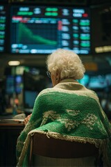 Elderly woman wrapped in a colorful shawl observes stock market trends during trading hours in a bustling financial district late in the afternoon