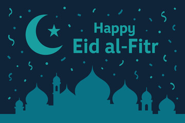 Happy eid al fitr greeting card with crescent moon and mosque silhouette