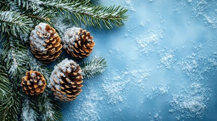 Elegant Winter Banner with Snow and Pine Cones on Light Blue Background, Evergreen Branches in Corner for Christmas and New Year Template Design.
