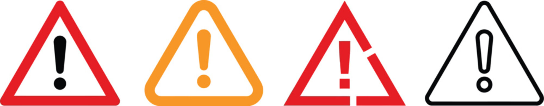 Four colorful warning sign illustrations with exclamation points varying designs and a clean aesthetic on transparent background