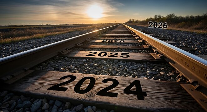 Railway tracks leading towards a bright sunset with years marked on wooden sleepers representing the passage of time and future