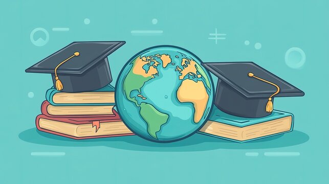 Earth, Books and Graduation Cap Icon on Blue Background, Global Education and Cross-Cultural Knowledge Sharing Concept for Educational Materials.