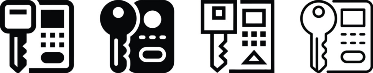 a set of four distinct black key fob icons with buttons and keychains on transparent background