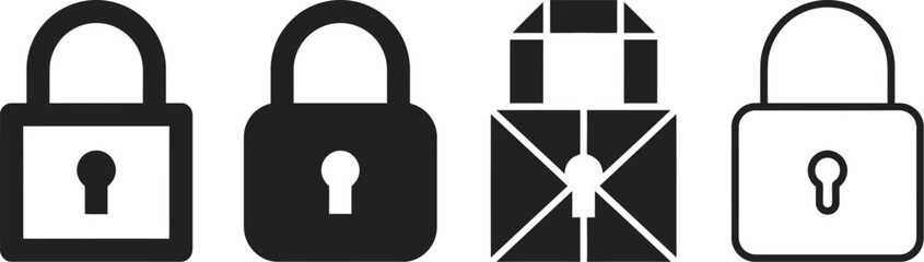 Four distinct black lock icons in various styles are showcased perfect for security designs on transparent background