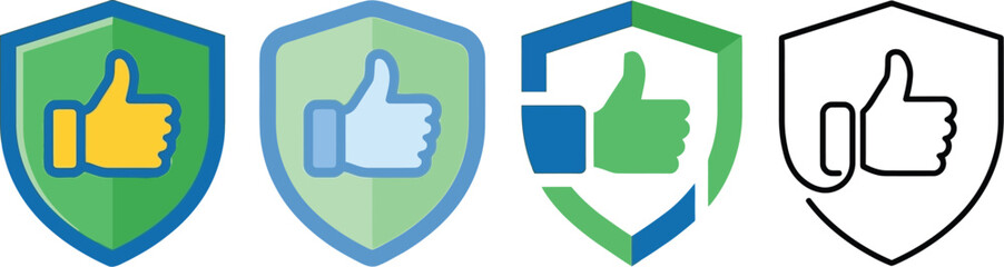 Four vector icons of shields with thumbs up in varying styles presented on transparent background