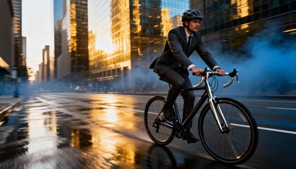 Man Riding a Bicycle Through Modern Downtown With Reflections on Wet Asphalt