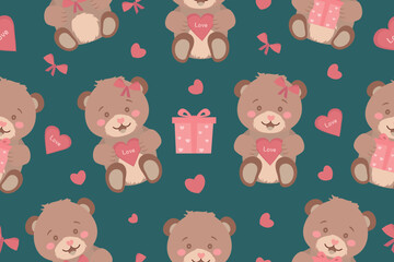Seamless Pattern with Cute Teddy Bears and Hearts