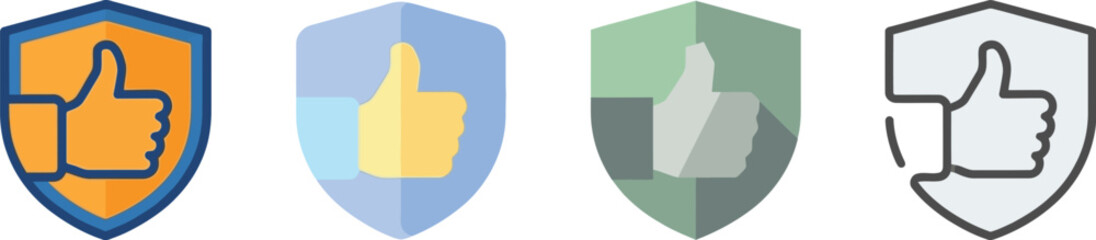 Four shield icons with thumbs up symbols in varying styles including outline on transparent background