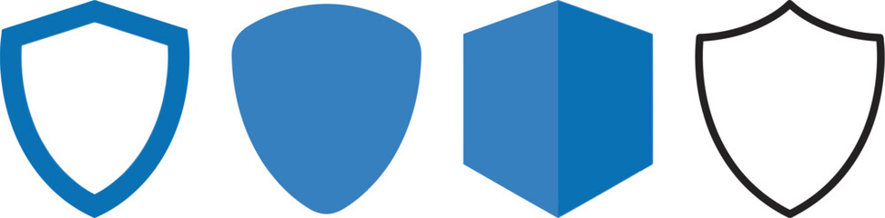 Four blue shield icons in varying shapes detailed outlines and simple aesthetic on transparent background