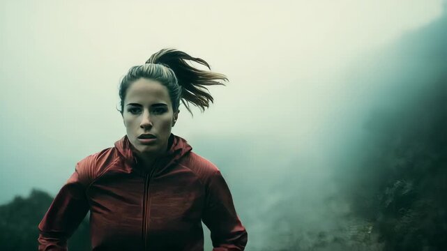 female runner pushing through exhaustion on a foggy mountain trail, their face glowing with determination
