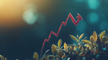 A red arrow graph trending upwards through green leaves symbolizing growth and success