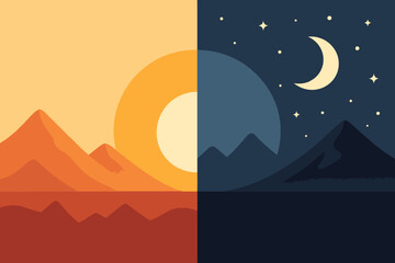 Split image showing day and night with mountains and celestial bodies