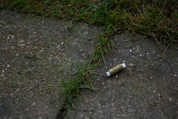 Green embroidery thread ball lying on the asphalt next to grass on the street in autumn.