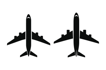 Two black airplane silhouettes facing different directions isolated on white background