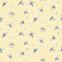 Charming blue floral pattern on soft yellow striped background perfect for vintage designs, textiles, or adding a touch of romance to your project