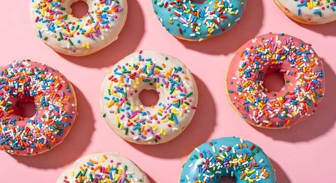 Colorful donuts with sprinkles on a delightful pink background, perfect for sweet treats ads, tempting bakery promotions, and vibrant dessert menus - Powered by Adobe