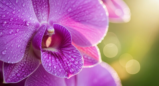 Extreme Close Up Detail Vibrant Purple Moth Orchid Flower Petals Covered In Sparkling Water Droplets Macro Botanical Beauty Natural Texture Bokeh