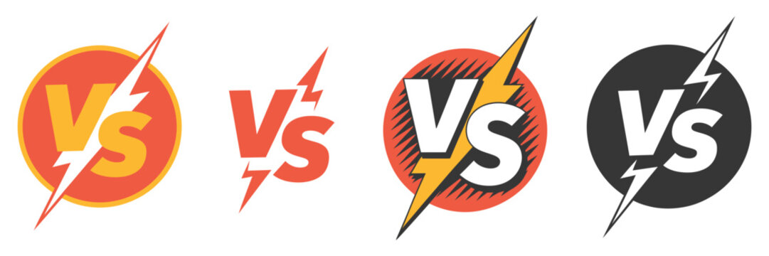Versus letters logo icon for battle and fight games, featuring pop art style, yellow and red stamp effects, duel challenge symbols, and vector illustration