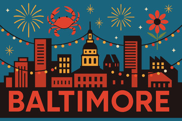 Festive baltimore skyline with fireworks and crab illustration