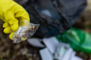 Close-up of a volunteer wearing yellow gloves collecting cigarette butts on a polluted beach. Environmental cleanup, ecology protection, shoreline waste and anti-litter awareness.