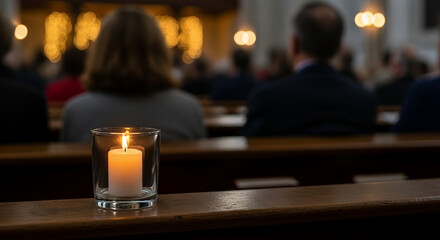 Candle burning in glass while people attend church service  