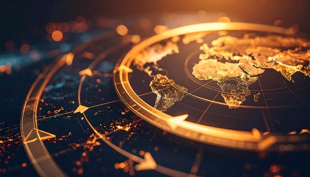 Earthy circular motion graphic with directional arrows representing global travel