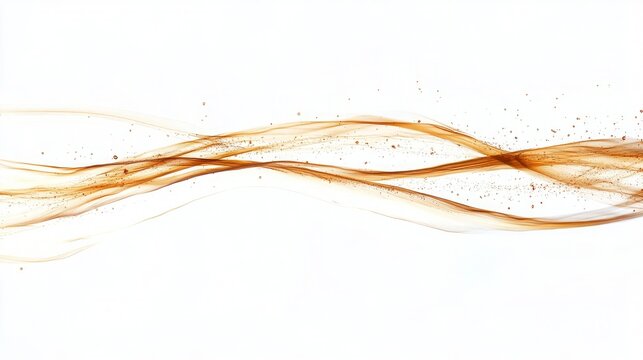 Abstract swirling golden liquid waves with tiny blue and purple speckles against white background