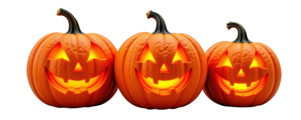 Halloween celebration three bright orange pumpkins festive atmosphere decorative display spooky theme front view