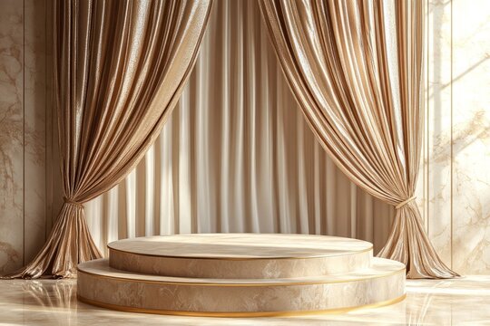 Elegant tiered podium draped with luxurious golden curtains for a grand presentation