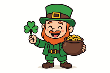 Happy cartoon leprechaun holding a shamrock and pot of gold