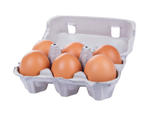 Open box with six eggs isolated. Transparent background PNG image.