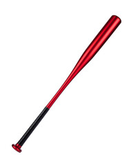 Red baseball bat with black grip handle isolated on white background, sports 