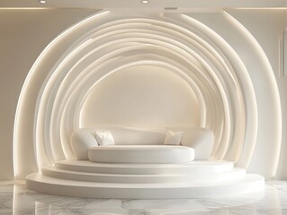 Fototapeta premium Elegant white stage with illuminated arches and tiered platform for presentations or events