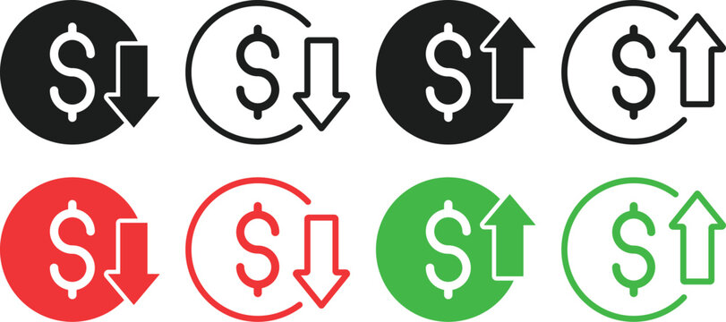 Dollar Increase and Decrease Icon Set. Financial Metrics and Market Trend Symbols. Profit/Loss Reporting Symbol Collection. Money Growth and Financial Loss Arrow Icons collection