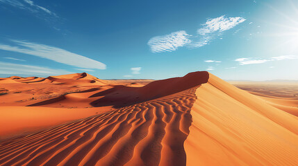 Vast orange sand dunes under a bright blue sky with wispy clouds desert landscape
