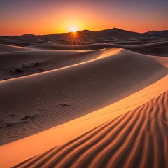 A scenic desert landscape under a radiant sunset, highlighting the textures of sand dunes. Sun creates a golden glow