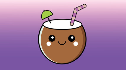 Cute kawaii coconut drink with a happy face and umbrella