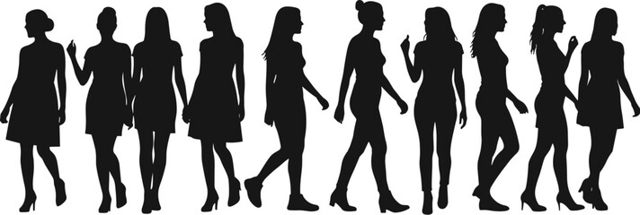 Silhouettes of fashionable women in dresses and heels, walking and standing poses, fashion lifestyle illustration, cad drawing flat vector illustration