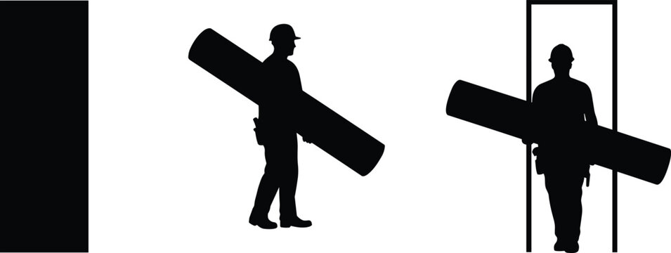 Material handling illustration, construction worker, carrying cylinder, doorway challenge, safety helmet, ergonomic training, load orientation, transport process, building renovation, training skills