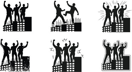 Construction building silhouette, three workers raising fists, unity illustration, black and white drawing, protest, solidarity, teamwork, architecture, victory, industrial site