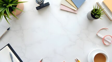 Inspiring workspace flat lay with stationery, coffee, and plants for creative professionals